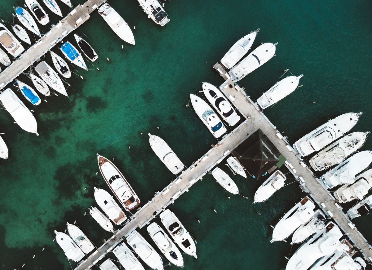aerial view of private club marina docks