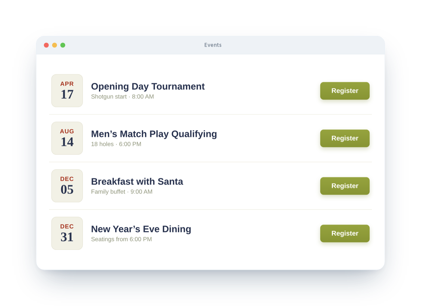 Buz member portal events list with one-tap registration for tournaments and dining nights