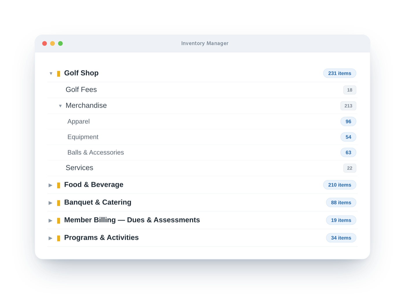 Buz inventory item catalog organized by golf shop, food and beverage, banquets and member billing categories