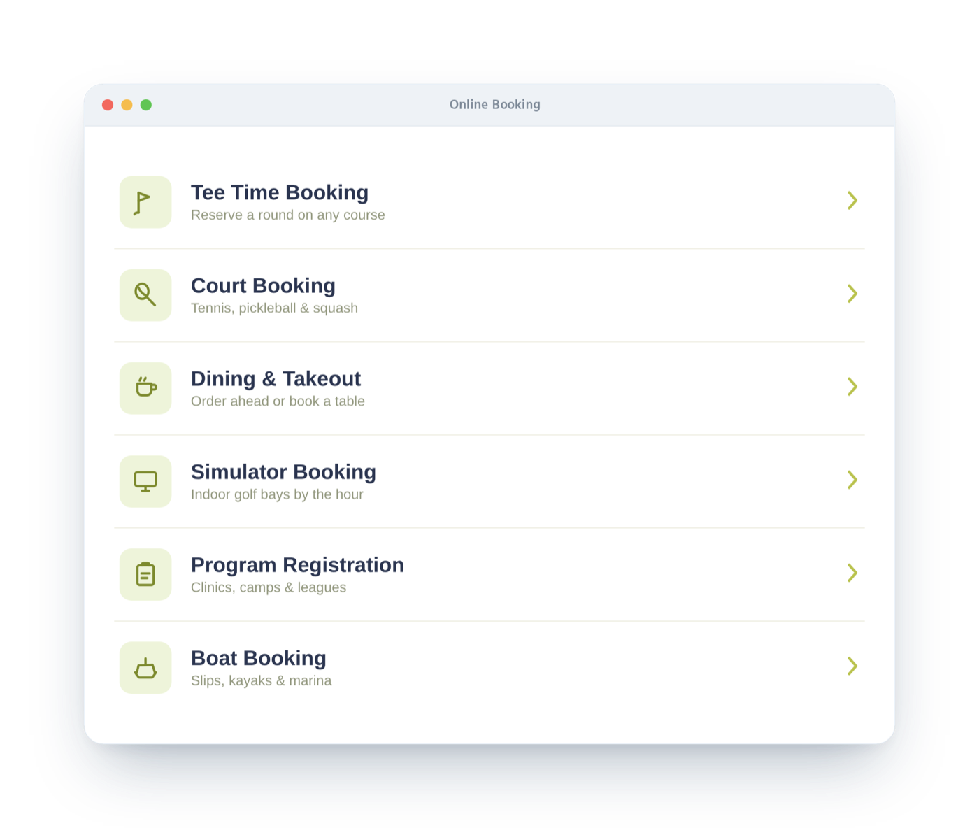 Buz member portal online booking menu with tee times, courts, dining, simulators and program registration