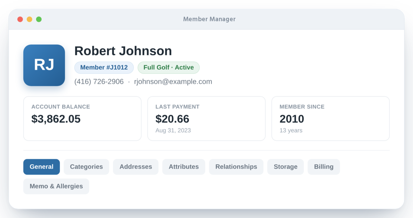 Buz Member Manager profile showing photo, contact details, account balance, membership category and history tabs